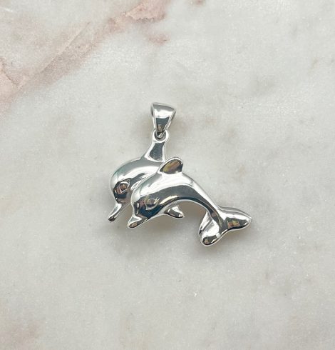 A photo of the Sterling Silver Double Dolphin Puffed Pendant product