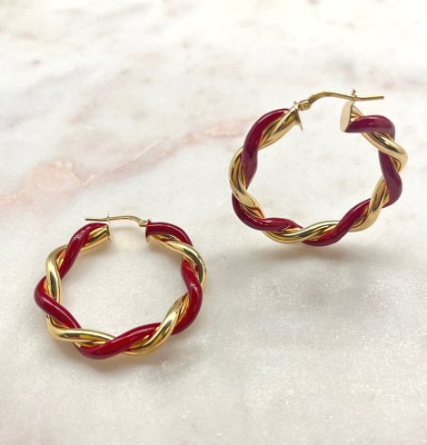A photo of the Burgundy & Gold Italian Twist Hoops product