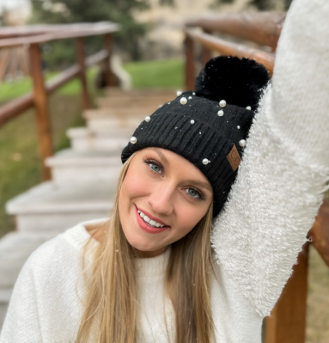 A photo of the Pearl & Rhinestone Embellished Pom Beanie product