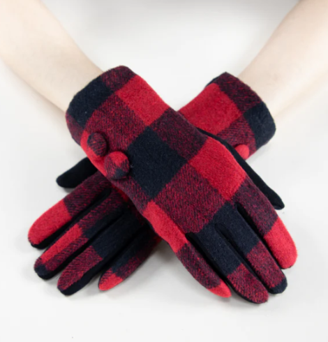 A photo of the Buffalo Check Button Gloves in Black & Red product