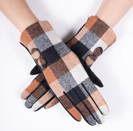 A photo of the Two Button Plaid Gloves in Camel product
