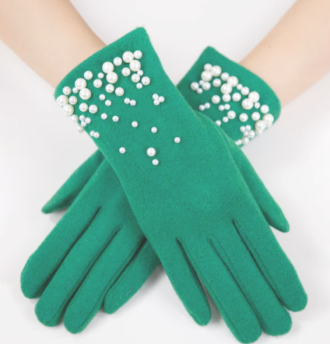 A photo of the Pearl Trim Felt Gloves in Green product