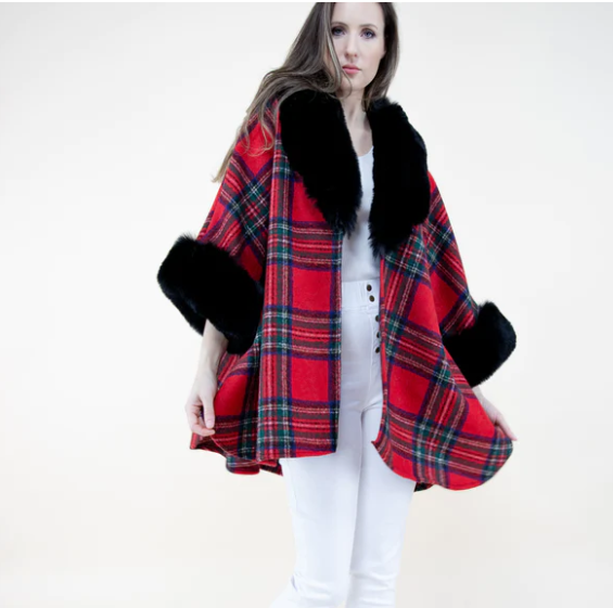 A photo of the Red Plaid Cape With Faux Fur Trim product