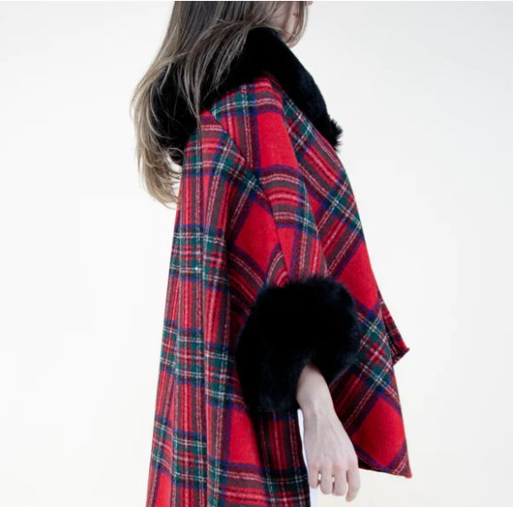 A photo of the Red Plaid Cape With Faux Fur Trim product