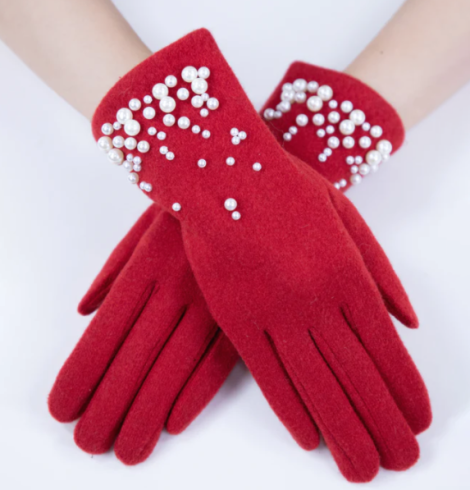 A photo of the Pearl Trim Felt Gloves in Red product
