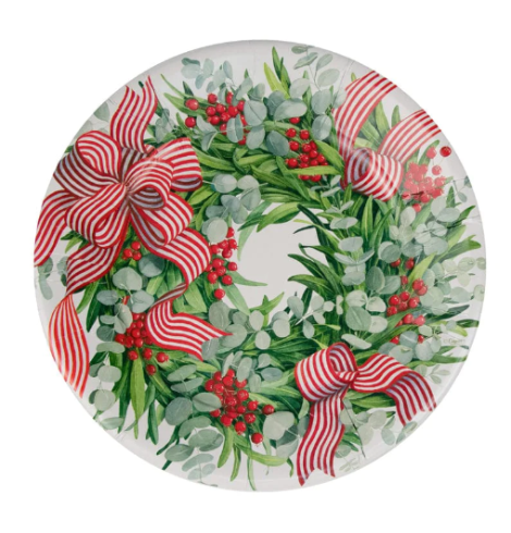 A photo of the Ribbon Stripe Wreath Paper Dinner Plates product