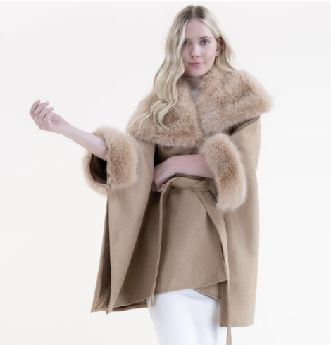 A photo of the Suede Belted Cape with Faux Fur Collar in Tan product
