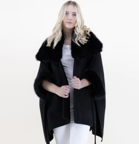 A photo of the Suede Belted Cape with Faux Fur Collar in Black product