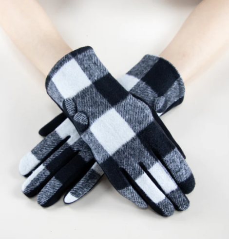 A photo of the Buffalo Check Button Gloves in Black & White product