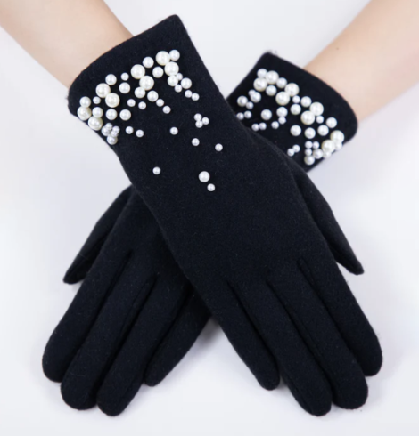 A photo of the Pearl Trim Felt Gloves in Black product