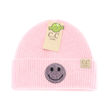 A photo of the Kids Rhinestone Smiley Face Beanie in Pink product