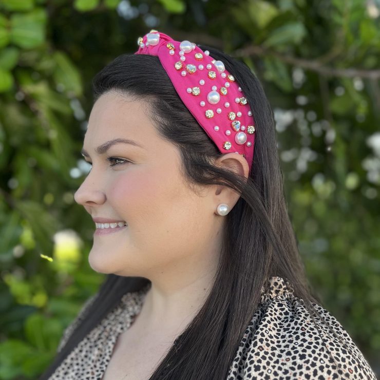 A photo of the Pearls & Rhinestone Headband in Hot Pink product