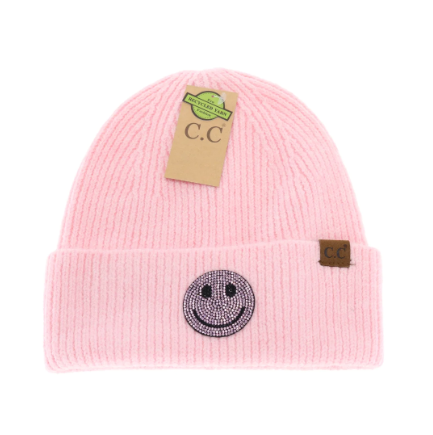 A photo of the Rhinestone Smiley Face Beanie in Pink product