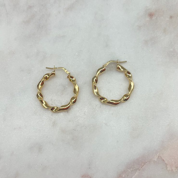 A photo of the Raven Twist Gold Plated Hoops product