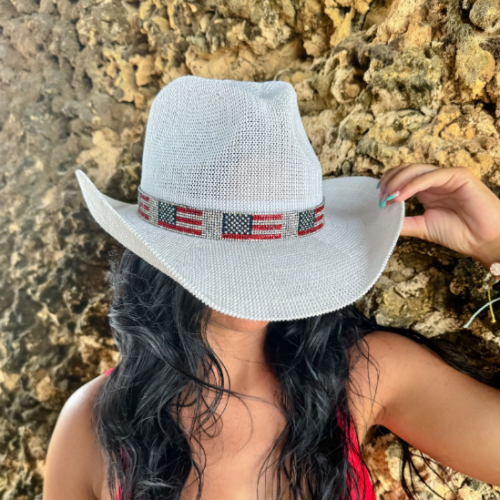 A photo of the Rhinestone American Flag Cowboy Hat product