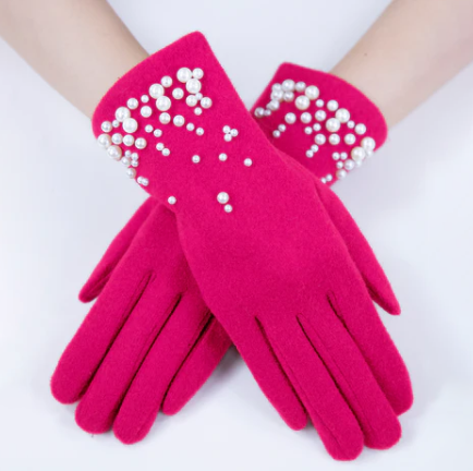A photo of the Pearl Trim Felt Gloves in Hot Pink product
