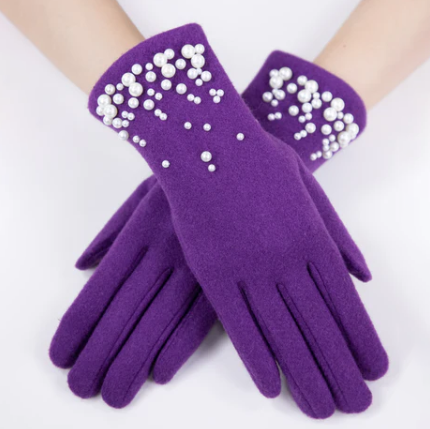 A photo of the Pearl Trim Felt Gloves in Purple product