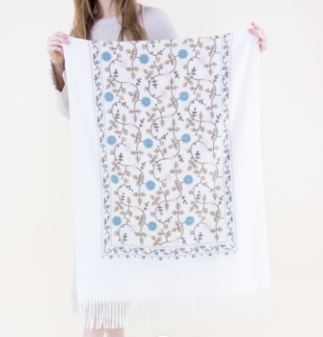 Embroidered Floral Vines Scarf in White A photo of the Embroidered Floral Vines Scarf in White product