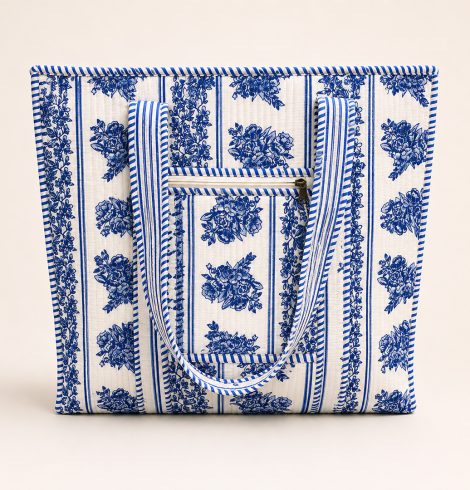 A photo of the Blue and White Floral Tote product