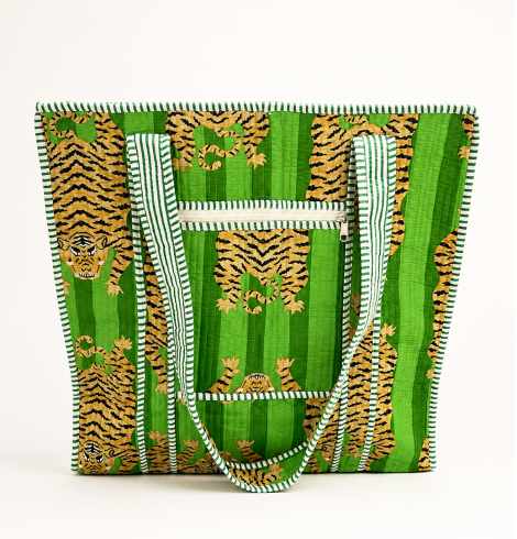 A photo of the Stripe Leopard Tote in Green product