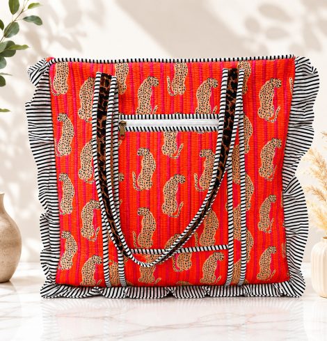 A photo of the Leopard Ruffle Tote Bag product